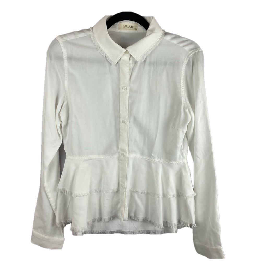 ✨3/$21✨ Bella Dahl White Tencel Button Front Blouse Peplum Frayed Hem XS